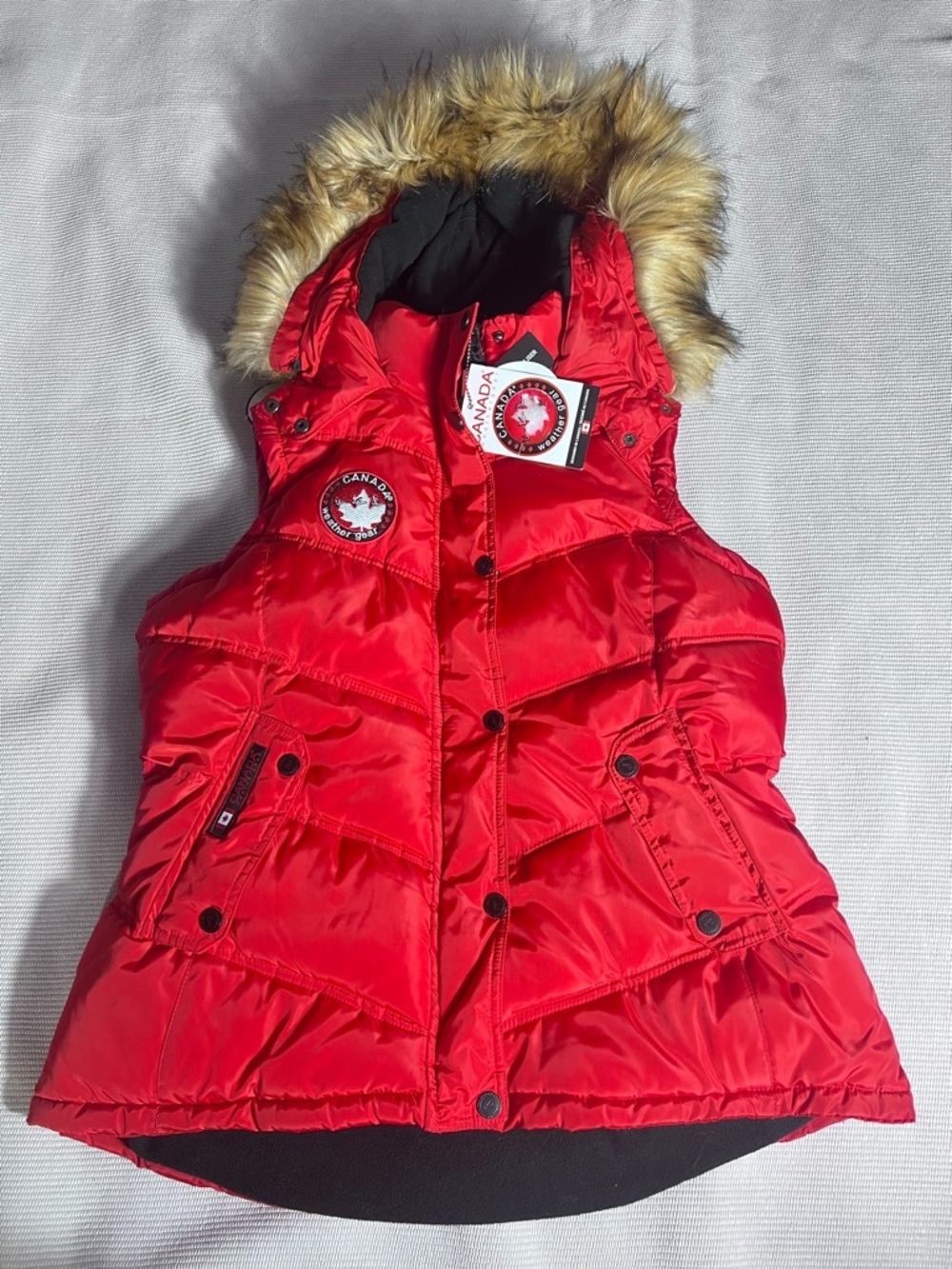 Canada Weathergear Red puffer Vest with Faux Fur Hood Size XL